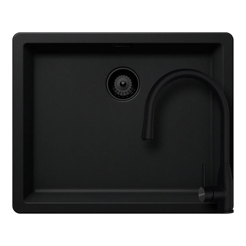 Set chiuvetă bucătărie Schock Greenwich N-100L 556 x 456 mm Cristadur Puro, negru intens cu părți vizibile și baterie bucătărie Schock Kavus cu cap extractibil Puro