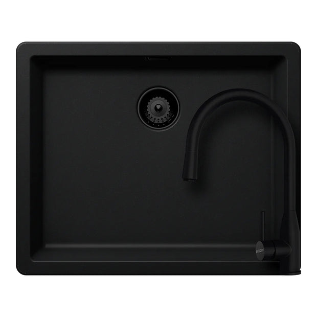 Set chiuvetă bucătărie Schock Greenwich N-100L 556 x 456 mm Cristadur Puro, negru intens cu părți vizibile și baterie bucătărie Schock Kavus cu cap extractibil Puro