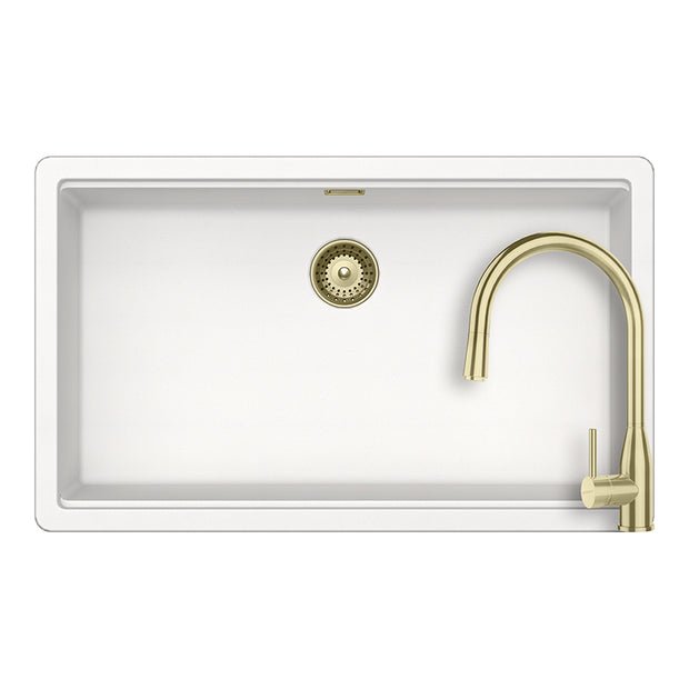 Set chiuvetă bucătărie Schock Greenwich N-100XL 750 x 456 mm Cristadur Polaris, alb polar cu părți vizibile și baterie bucătărie Schock Kavus cu cap extractibil White Gold