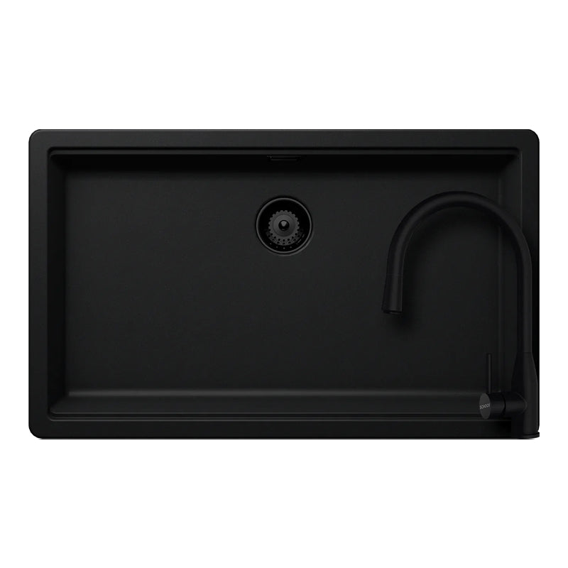 Set chiuvetă bucătărie Schock Greenwich N-100XL 750 x 456 mm Cristadur Puro, negru intens cu părți vizibile și baterie bucătărie Schock Kavus cu cap extractibil Puro