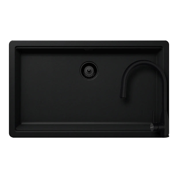Set chiuvetă bucătărie Schock Greenwich N-100XL 750 x 456 mm Cristadur Puro, negru intens cu părți vizibile și baterie bucătărie Schock Kavus cu cap extractibil Puro