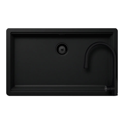 Set chiuvetă bucătărie Schock Greenwich N-100XL 750 x 456 mm Cristadur Puro, negru intens cu părți vizibile și baterie bucătărie Schock Kavus cu cap extractibil Puro