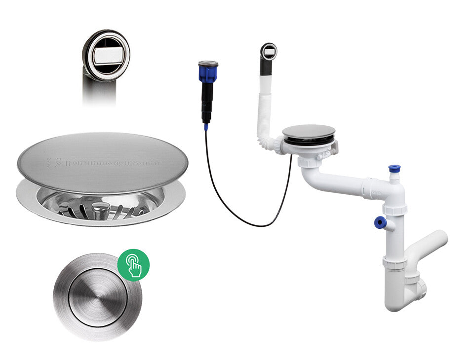 Sifon automat Save Space + Easy Clean cu mască pentru scurgere, pentru chiuvete sub blat și pe blat Slim, cu 1 cuvă – preaplin rotund