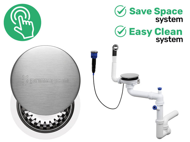 Sifon automat Save Space + Easy Clean cu mască pentru scurgere, pentru chiuvete sub blat și pe blat Slim, cu 1 cuvă – preaplin rotund