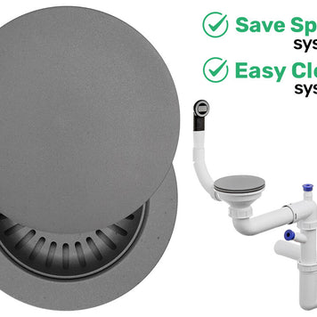 Sifon Save Space + Easy Clean cu mască pentru scurgere, pentru chiuvete sub blat și pe blat Slim compozit, cu 1 cuvă – preaplin rotund
