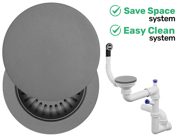 Sifon Save Space + Easy Clean cu mască pentru scurgere, pentru chiuvete sub blat și pe blat Slim compozit, cu 1 cuvă – preaplin rotund
