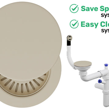 Sifon Save Space + Easy Clean cu mască pentru scurgere, pentru chiuvete sub blat și pe blat Slim compozit, cu 1 cuvă – preaplin rotund