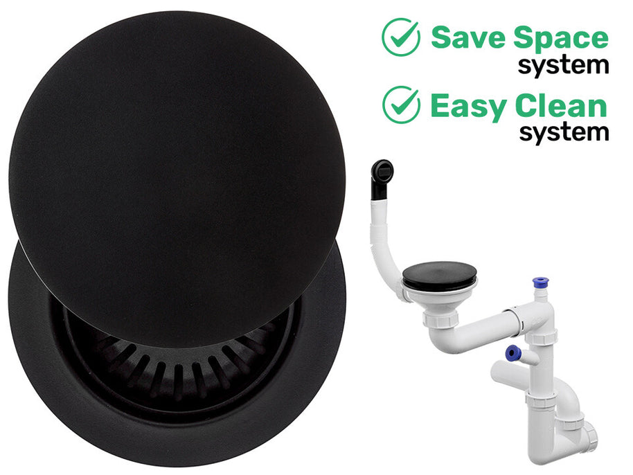 Sifon Save Space + Easy Clean cu mască pentru scurgere, pentru chiuvete sub blat și pe blat Slim compozit, cu 1 cuvă – preaplin rotund