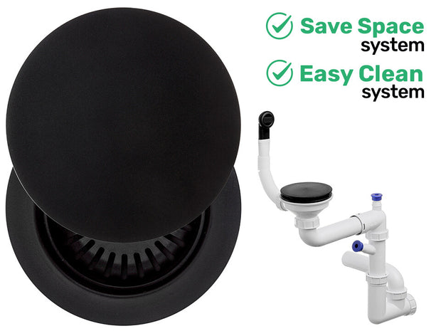 Sifon Save Space + Easy Clean cu mască pentru scurgere, pentru chiuvete sub blat și pe blat Slim compozit, cu 1 cuvă – preaplin rotund