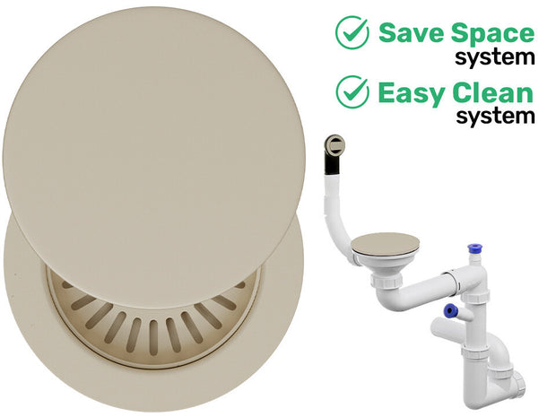 Sifon Save Space + Easy Clean cu mască pentru scurgere, pentru chiuvete sub blat și pe blat Slim compozit, cu 1 cuvă – preaplin rotund