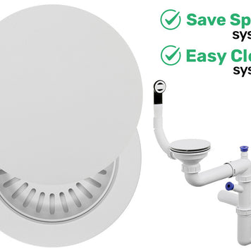 Sifon Save Space + Easy Clean cu mască pentru scurgere, pentru chiuvete sub blat și pe blat Slim compozit, cu 1 cuvă – preaplin rotund
