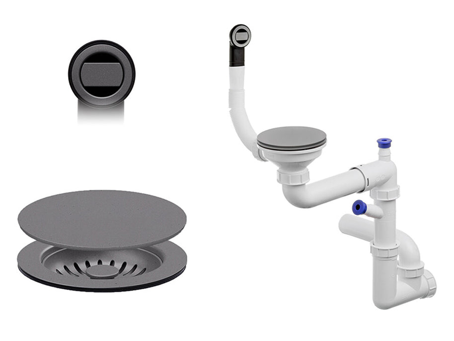 Sifon Save Space + Easy Clean cu mască pentru scurgere, pentru chiuvete sub blat și pe blat Slim compozit, cu 1 cuvă – preaplin rotund
