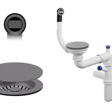 Sifon Save Space + Easy Clean cu mască pentru scurgere, pentru chiuvete sub blat și pe blat Slim compozit, cu 1 cuvă – preaplin rotund