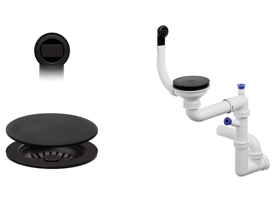 Sifon Save Space + Easy Clean cu mască pentru scurgere, pentru chiuvete sub blat și pe blat Slim compozit, cu 1 cuvă – preaplin rotund