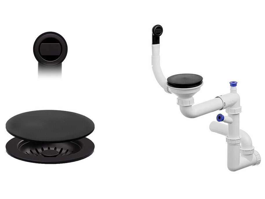 Sifon Save Space + Easy Clean cu mască pentru scurgere, pentru chiuvete sub blat și pe blat Slim compozit, cu 1 cuvă – preaplin rotund
