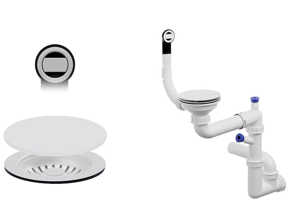 Sifon Save Space + Easy Clean cu mască pentru scurgere, pentru chiuvete sub blat și pe blat Slim compozit, cu 1 cuvă – preaplin rotund