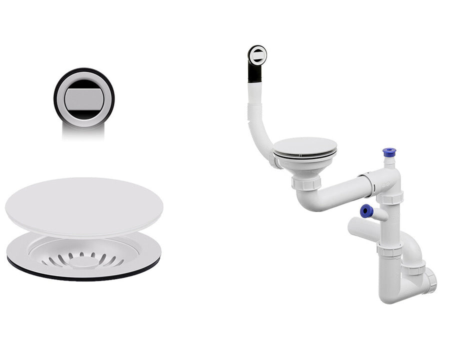 Sifon Save Space + Easy Clean cu mască pentru scurgere, pentru chiuvete sub blat și pe blat Slim compozit, cu 1 cuvă – preaplin rotund