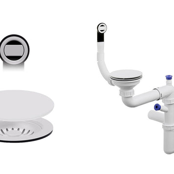 Sifon Save Space + Easy Clean cu mască pentru scurgere, pentru chiuvete sub blat și pe blat Slim compozit, cu 1 cuvă – preaplin rotund