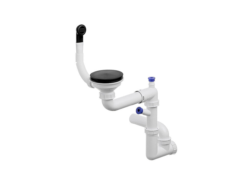 Sifon Save Space + Easy Clean cu mască pentru scurgere, pentru chiuvete sub blat și pe blat Slim compozit, cu 1 cuvă – preaplin rotund