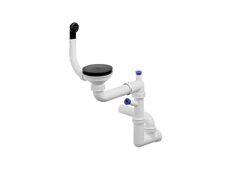Sifon Save Space + Easy Clean cu mască pentru scurgere, pentru chiuvete sub blat și pe blat Slim compozit, cu 1 cuvă – preaplin rotund