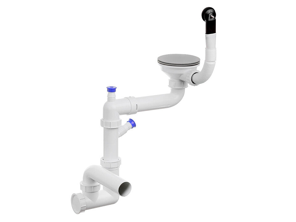 Sifon Save Space + Easy Clean cu mască pentru scurgere, pentru chiuvete sub blat și pe blat Slim compozit, cu 1 cuvă – preaplin rotund