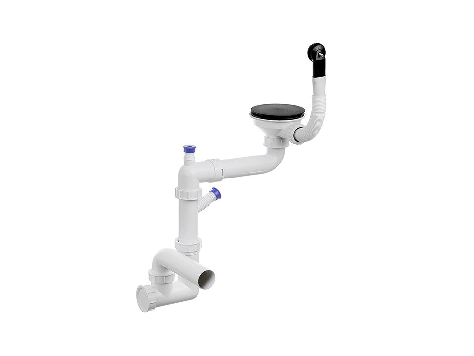 Sifon Save Space + Easy Clean cu mască pentru scurgere, pentru chiuvete sub blat și pe blat Slim compozit, cu 1 cuvă – preaplin rotund