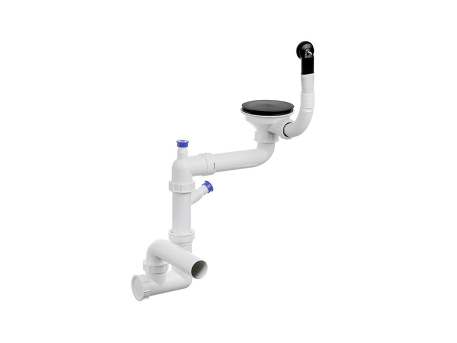 Sifon Save Space + Easy Clean cu mască pentru scurgere, pentru chiuvete sub blat și pe blat Slim compozit, cu 1 cuvă – preaplin rotund