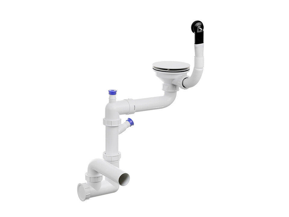 Sifon Save Space + Easy Clean cu mască pentru scurgere, pentru chiuvete sub blat și pe blat Slim compozit, cu 1 cuvă – preaplin rotund