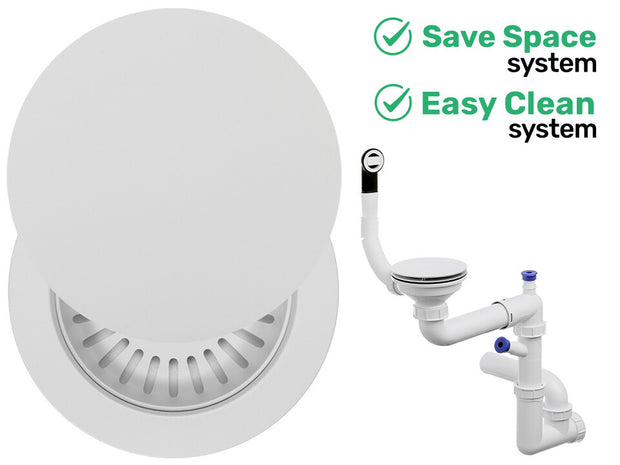 Sifon Save Space + Easy Clean cu mască pentru scurgere, pentru chiuvete sub blat și pe blat Slim compozit, cu 1 cuvă – preaplin rotund