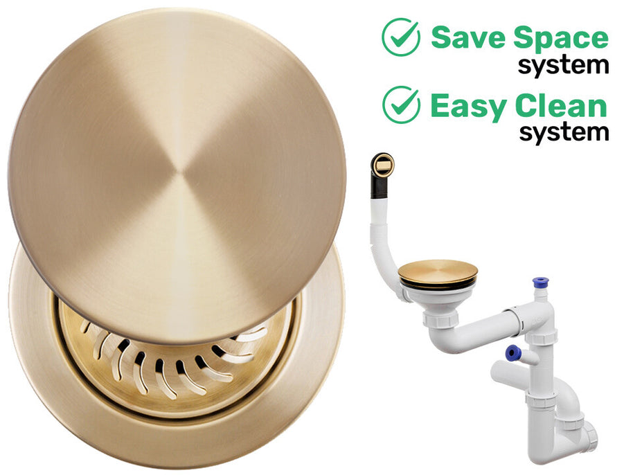 Sifon Save Space + Easy Clean cu mască pentru scurgere, pentru chiuvete sub blat și pe blat Slim, cu 1 cuvă – preaplin rotund