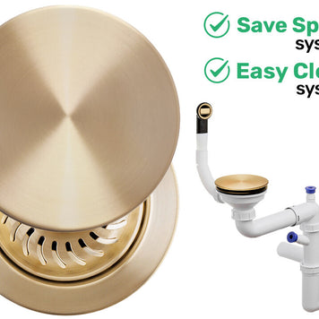 Sifon Save Space + Easy Clean cu mască pentru scurgere, pentru chiuvete sub blat și pe blat Slim, cu 1 cuvă – preaplin rotund