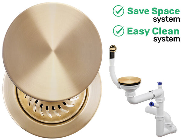 Sifon Save Space + Easy Clean cu mască pentru scurgere, pentru chiuvete sub blat și pe blat Slim, cu 1 cuvă – preaplin rotund