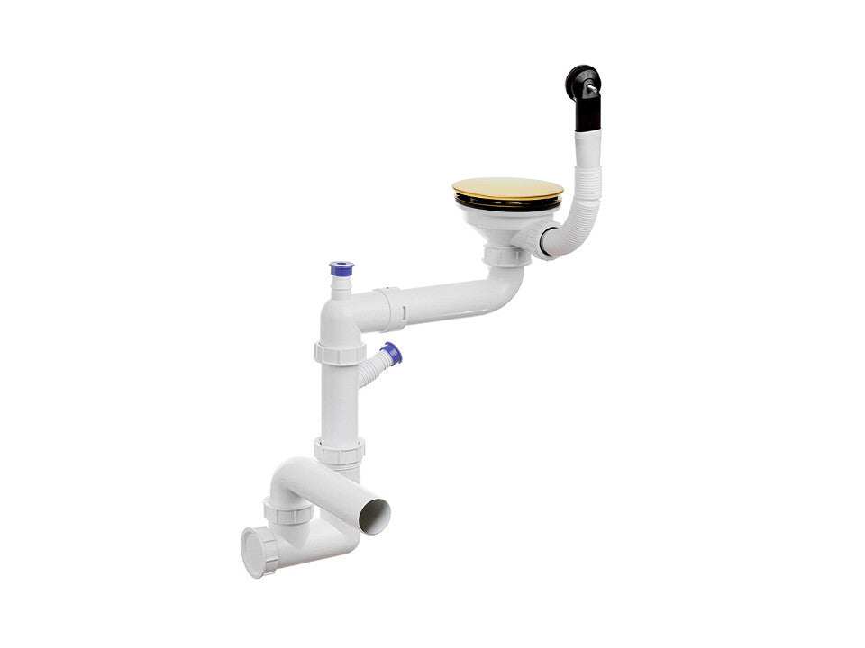 Sifon Save Space + Easy Clean cu mască pentru scurgere, pentru chiuvete sub blat și pe blat Slim, cu 1 cuvă – preaplin rotund