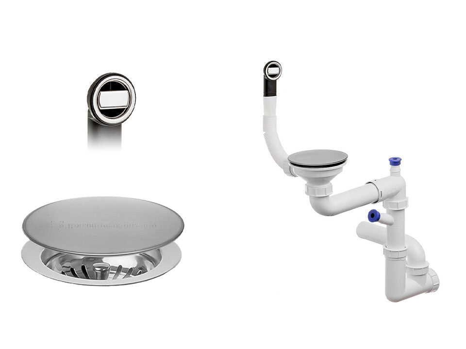 Sifon Save Space + Easy Clean cu mască pentru scurgere, pentru chiuvete sub blat și pe blat Slim, cu 1 cuvă – preaplin rotund
