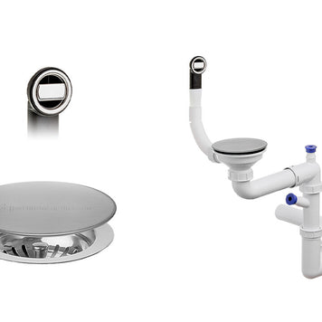 Sifon Save Space + Easy Clean cu mască pentru scurgere, pentru chiuvete sub blat și pe blat Slim, cu 1 cuvă – preaplin rotund