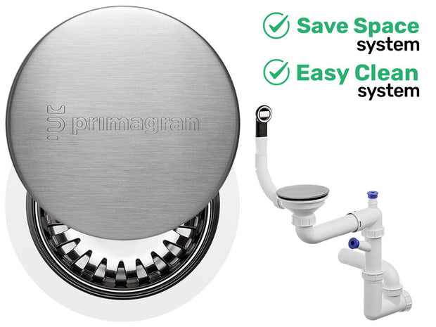 Sifon Save Space + Easy Clean cu mască pentru scurgere, pentru chiuvete sub blat și pe blat Slim, cu 1 cuvă – preaplin rotund