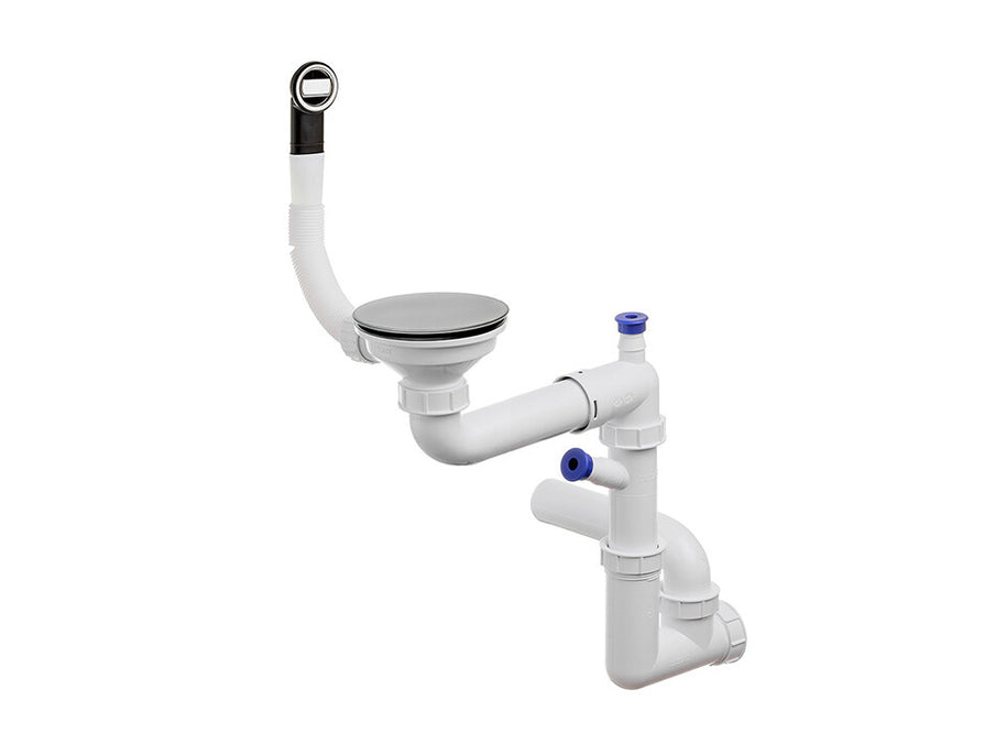 Sifon Save Space + Easy Clean cu mască pentru scurgere, pentru chiuvete sub blat și pe blat Slim, cu 1 cuvă – preaplin rotund