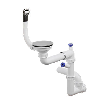 Sifon Save Space + Easy Clean cu mască pentru scurgere, pentru chiuvete sub blat și pe blat Slim, cu 1 cuvă – preaplin rotund