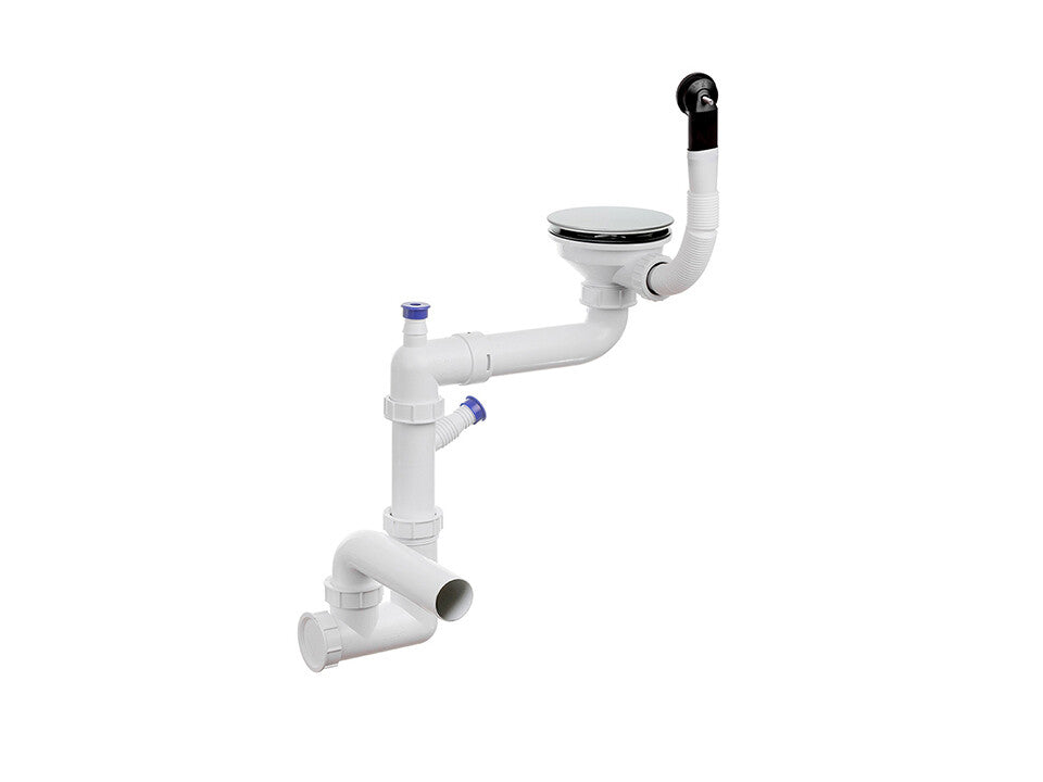 Sifon Save Space + Easy Clean cu mască pentru scurgere, pentru chiuvete sub blat și pe blat Slim, cu 1 cuvă – preaplin rotund