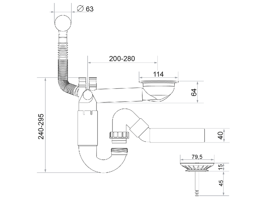 Sifon Save Space cu cuvă simplă, manual, telescopic, cu mască – preaplin rotund