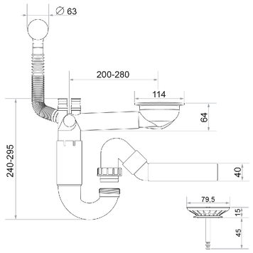 Sifon Save Space cu cuvă simplă, manual, telescopic, cu mască – preaplin rotund