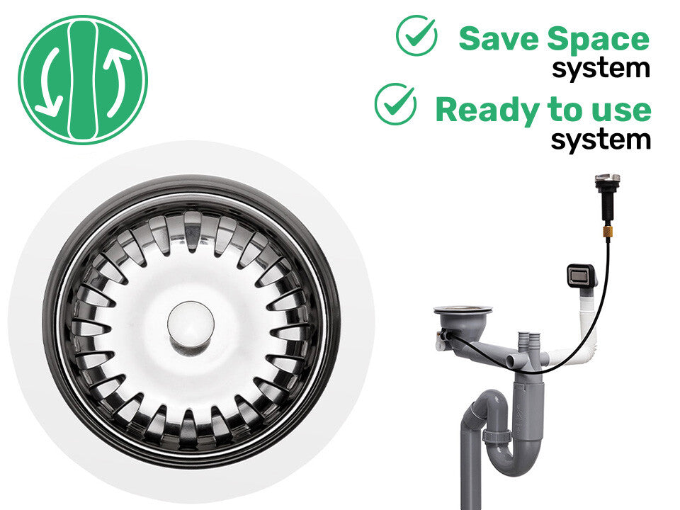 Sifon Save Space cu cuva simplă, telescopic, automat – pentru chiuvete sub blat, preaplin dreptunghiular