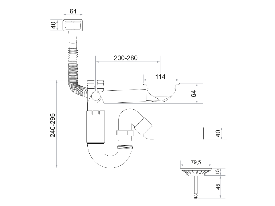 Sifon Save Space cu cuva simplă, telescopic, automat – pentru chiuvete sub blat, preaplin dreptunghiular