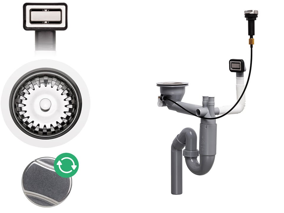 Sifon Save Space cu cuva simplă, telescopic, automat – pentru chiuvete sub blat, preaplin dreptunghiular