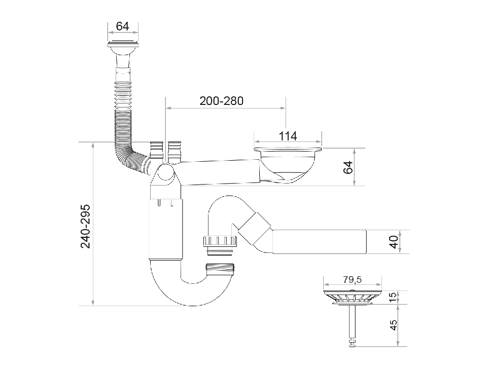 Sifon Save Space cu cuvă simplă, telescopic, manual, cu mască – preaplin vertical