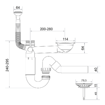 Sifon Save Space cu cuvă simplă, telescopic, manual, cu mască – preaplin vertical