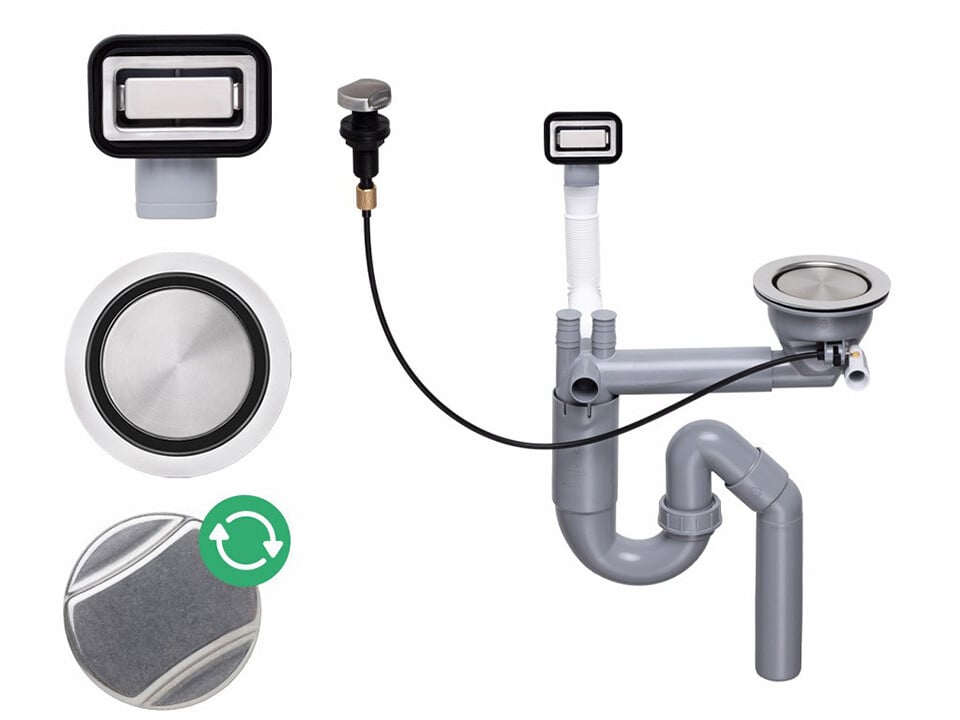 Sifon Save Space cuvă simplă telescopic automat cu mască – preaplin dreptunghiular