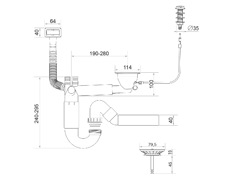 Sifon Save Space cuvă simplă telescopic automat cu mască – preaplin dreptunghiular