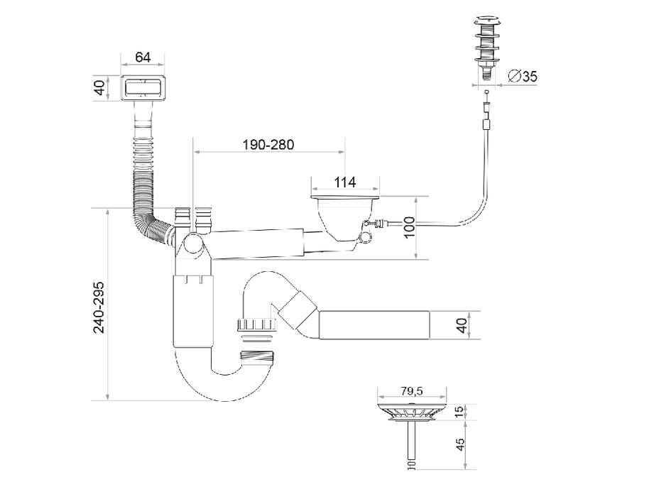 Sifon Save Space cuvă simplă telescopic automat cu mască – preaplin dreptunghiular
