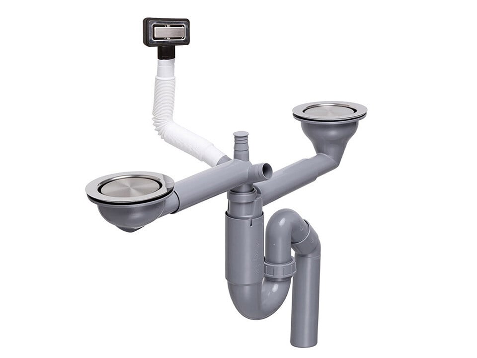 Sifon Save Space două cuve telescopic manual cu mască – preaplin dreptunghiular